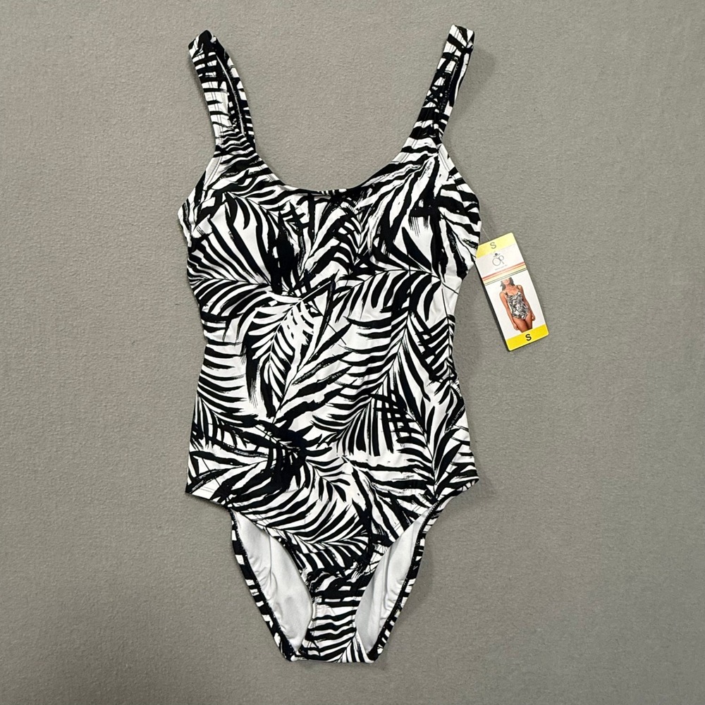 New OP Black White One Piece Tropical Bathing Swim Suit Women Size Small
